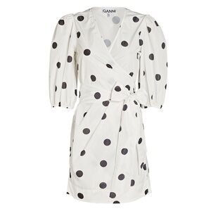 GANNI Black and white mini polka dot wrap dress